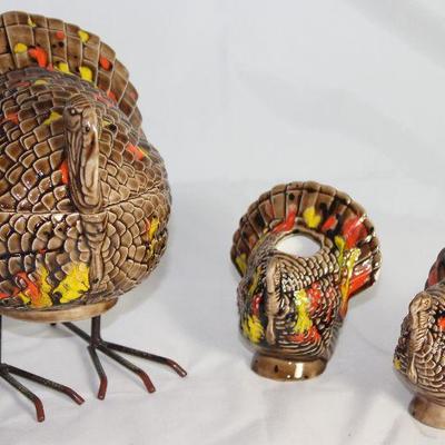Vintage Ceramic Turkey Covered Dish on Standing Metal Legs and a pair of Turkey Candle Holders