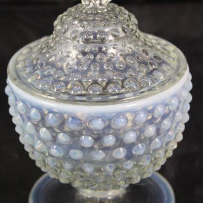 Moon glow Hobnailed Covered Candy Dish. 7” H x 5” diameter 