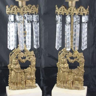  Antique Gilt Bronze Girandole 1800's:  Pair Candle Holders matching  Victorian Candelabra  w/ Crystal Prisms
