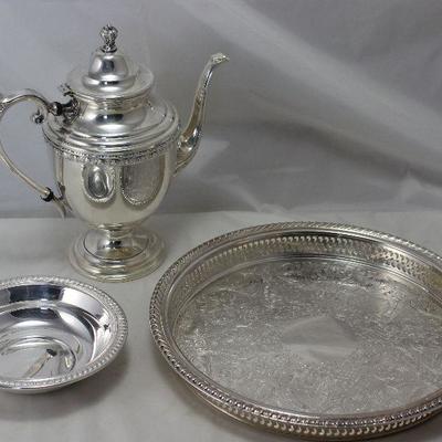 William Rogers Silverplate 12” Gallery Tray, Pedestal Coffee Server, 6 1/2” Bowl 