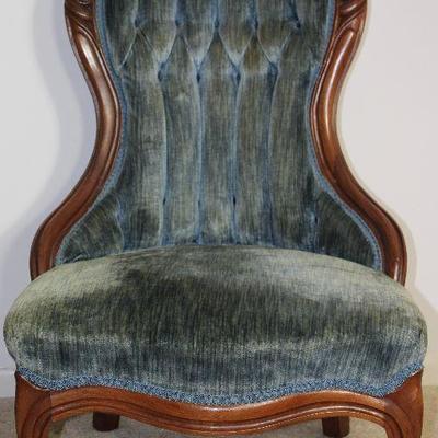 Victorian Carved Wood Frame Ladyâ€™s Chairs Blue rolled and tufted velvet upholstery