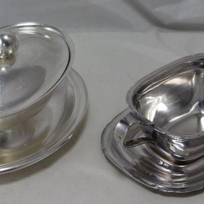 Vintage Silver Plate:  Reed and Barton USN (Navy)  Covered Gravy Boat with attached Under-plate and an open Gravy Boat with Under-plate