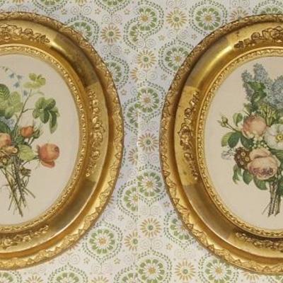 Vintage Gold Leaf oval framed floral prints 12” x 14”