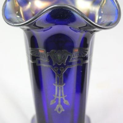 Rockwell Silver Company Art Deco Sterling Silver overlay cobalt blue glass vase circa 1920’s-30’s (6”)