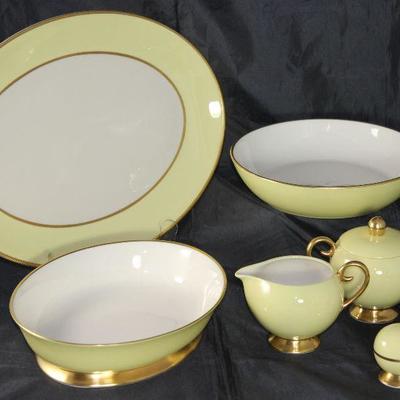 Sylvan “Yellow” by Flintridge (1964-71); 14” oval platter, oval vegetable bowl, round vegetable bowl, sugar, creamer and 4 sets of ball...