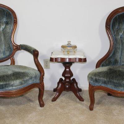 Victorian Carved Wood Frame Lady’s and Gentleman’s Chairs Blue rolled and tufted velvet upholstery  shown with White marble top small...