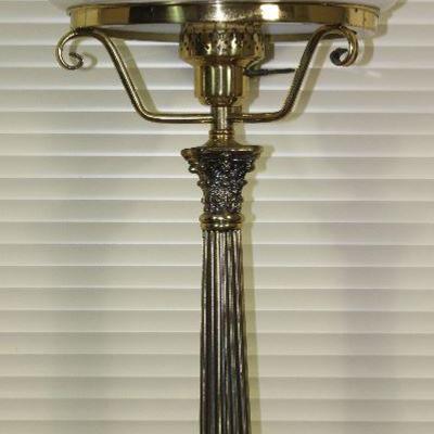 Brass Corinthian column on marble and brass base lamp with milk glass shade 26 1/2â€ Height