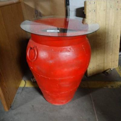 Red metal tall flower pot w glass top
