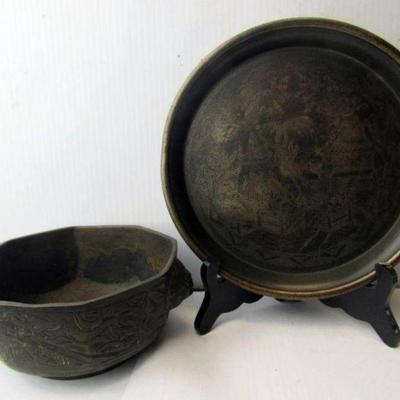 Hallmarked 14th-15th Century Engraved Bronze Bowl and Tray