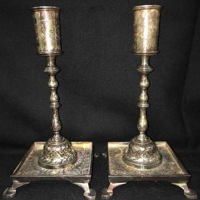Pair of Antique Decorated Indian Silver Candle Sticks