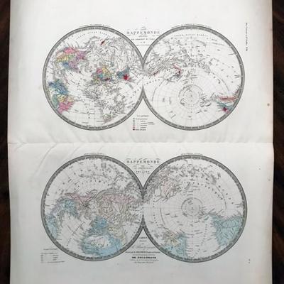 Pair of Antique Hemisphere Maps, MappeMonde Projetee Sur L'Horizon de Paris et de Son Antipode & Map