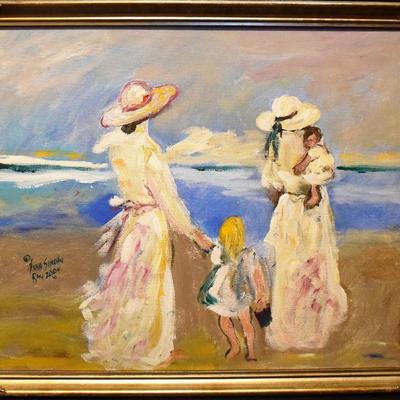 Original Anna Ray Figural LandscapeAcrylic Painting Depicting Mothers with Children on the Beach - Copyright Included, See...