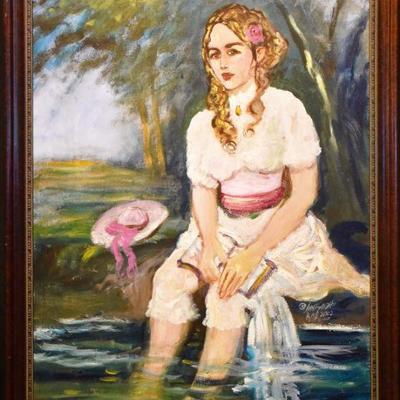 Original Anna Ray Figural Landscape Acrylic Painting with Young Girl Reading by a River - Copyright Included, See...