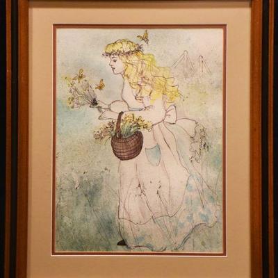 Original Anna Ray Figural Mixed Media Painting of Young Lady picking wildflowers - Copyright Included, See...