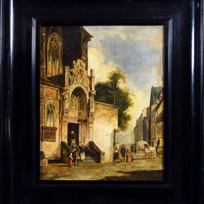 Cornelius Springer Townscape Oil Painting STREET SCENE WITH FIGURES