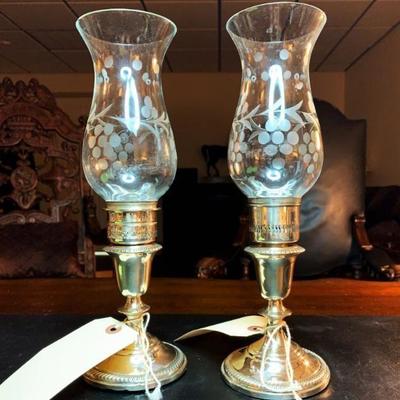 Vintage Pair of Matching Fisher Sterling Silver Candle Stick Holders with Hurricane Glass