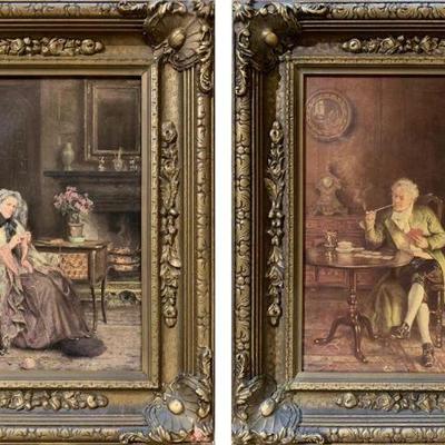 Pair of English Portrait / Figural Interiorscape Oil Paintings by Frank Moss Bennett