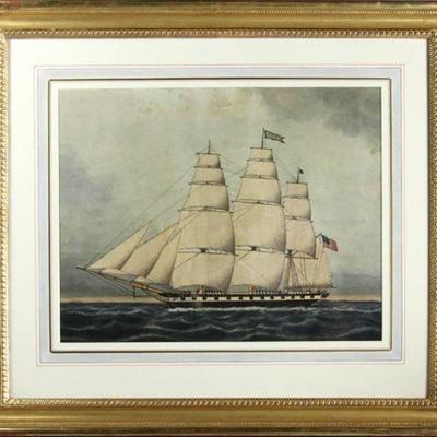 19th Century Marine Watercolor Painting of an American Clipper Ship by Jurgen Frederick Huge
