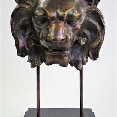 Large Cast Bronze Lion Head Display on Metal Stand