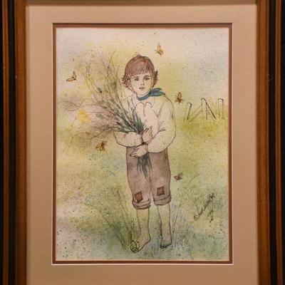 Original Anna Ray Figural Mixed Media Painting of Boy picking wildflowers - Copyright Included, See...