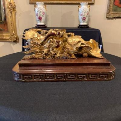 Beautiful Chinese Gold Gilded Carved Wood Dragon