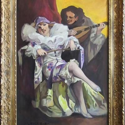 Large Portrait Oil Painting by Richard Geiger Entitled COLUMBINE AND PIERROT