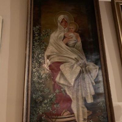 Antique Oil Painting of Mary and Jesus