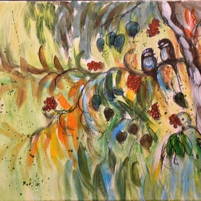 Original Anna Ray Landscape Acrylic Painting Depicting Tree with two birds - Copyright Included - See...