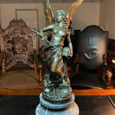 Large Antique Bronze Sculpture of Female Winged Angel
