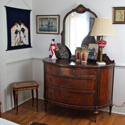 vintage bedroom suite by Berkey & Gay with decorative panels - seen here, the dresser with mirror, plus brass, marble, & glass lamp,...
