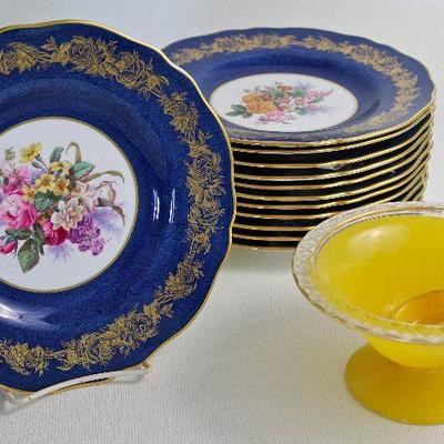  12 Copeland Spode China, England, luncheon plates - Davis Calamore & Co. Ltd., New York, yellow glass serving bowl with spoon
