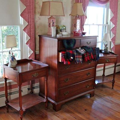 from the Henkel Harris Wild Cherry bedroom - 2 bedside tables and chest of drawers, ceramic lamps