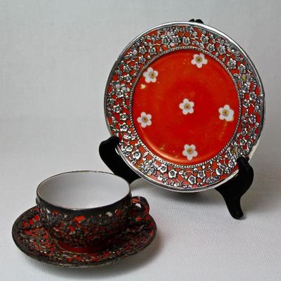 Yuchang sterling over porcelain - 2 tea cups, 2 saucers, 2 plates