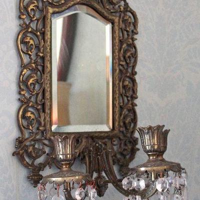 pair of brass, crystal, and beveled mirror sconces
