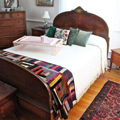 Berkey & Gay double bed, tray table, fragile but lovely quilt, Oriental rug