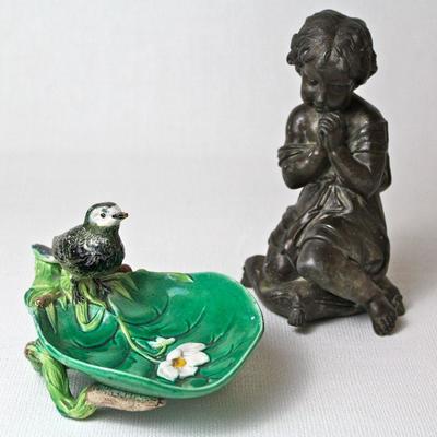 cast metal figurine, ceramic bird dish