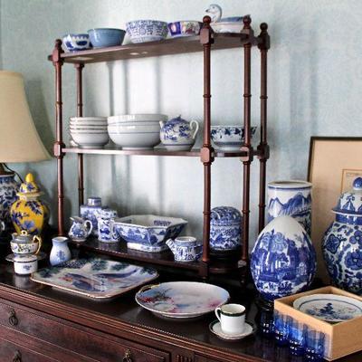 collection of blue & white ceramic items - lamp, large planter on wood stand, bowls, plates, lidded vessels, and decorative pieces