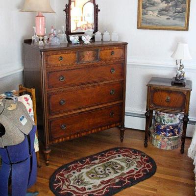 Berkey & Gay chest of drawers & bedside table, collection of glass bells, shaving mirror, punched rug