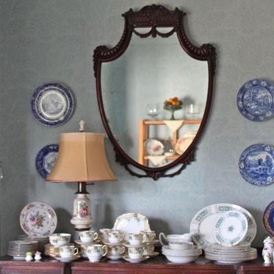 shield mirror, collections of china, Staffordshire plates, ceramic mirror