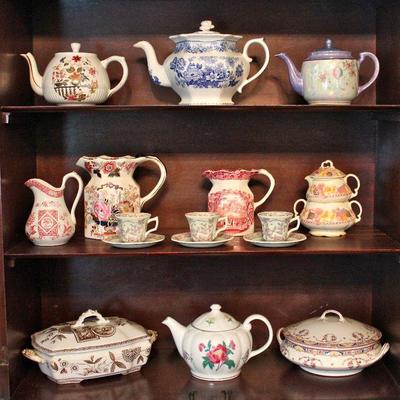 Staffordshire and other china tea pots, pitchers, and covered servers