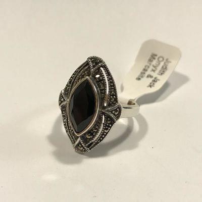 Judith Jack Onyx & Marcasite Sterling Silver 925 Ring