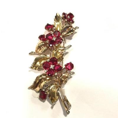 Crown Trifari Alfred Philippe Sterling Vermeil Ruby Rhinestone Flower Brooch/Fur Clip