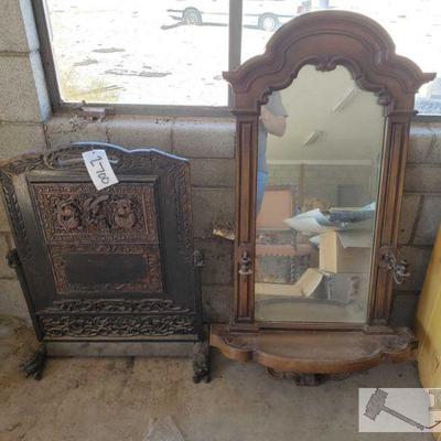 2700: Carved Wood Decor Piece and Wood Mirror w candle fixtures
Measures approx. 24