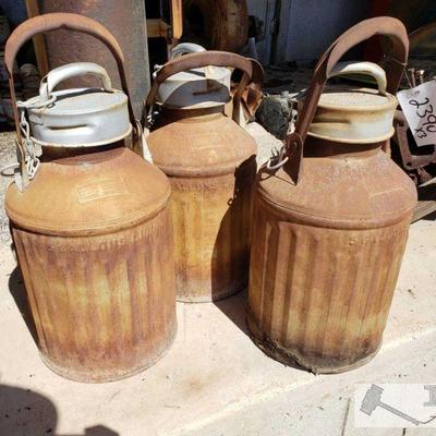 2390: 	
3 Shields, Harper Co. Milk 5 Gallon Cans
Each can is approx. 1 1/2' tall