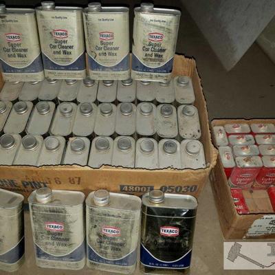 1165: 38 Full Cans of Texaco Super Car Cleaner and Wax and 14 Empty Texaco Lighter Fluid Cans
38 Full Cans of Texaco Super Car Cleaner...