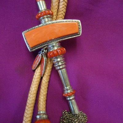 Sterling, coral and leather bolo tie, Native American