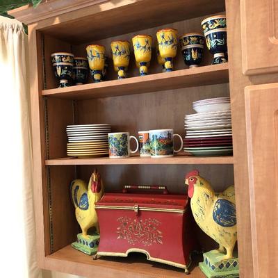 Pottery, wooden chickens, tin box