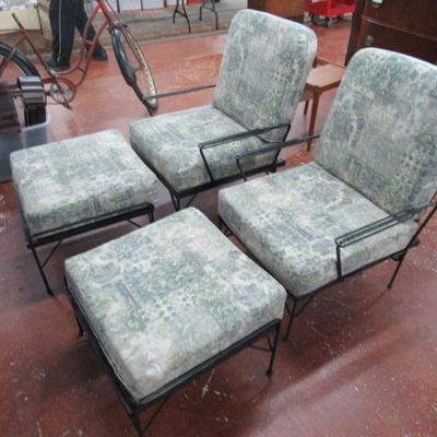 Pr. Wrought Iron Reclining Chairs/Ottoma