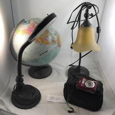 World Globe, Desk Lamp, & Camera