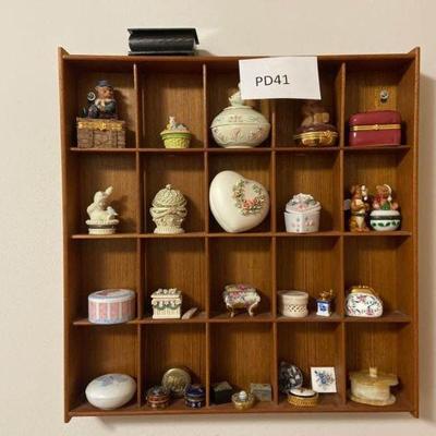 Large Assortment of Mini Trinket Boxes with Wood Display Shelf